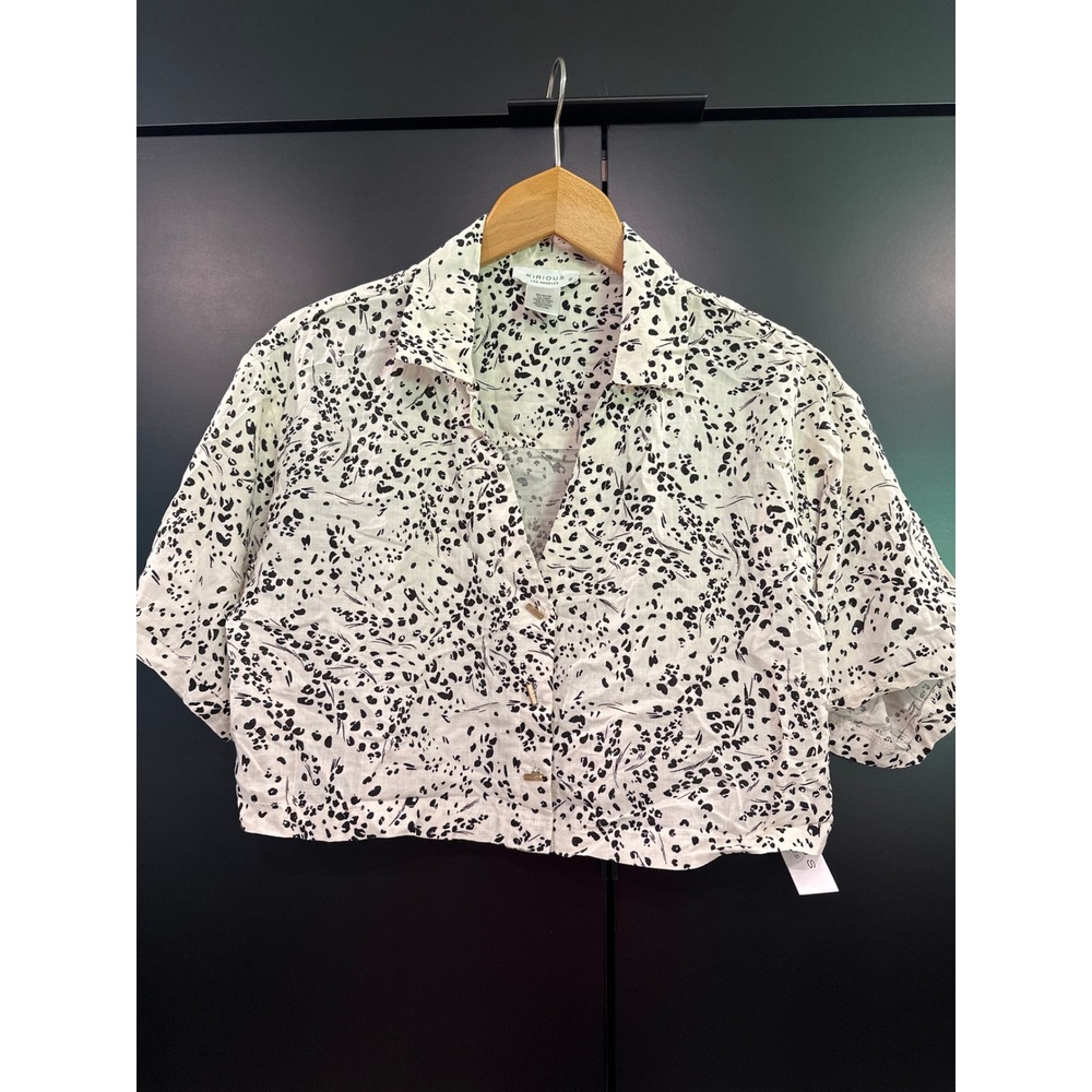 Kirious Los Angeles Small White Black Animal Print Cropped Linen Blend Top NWT